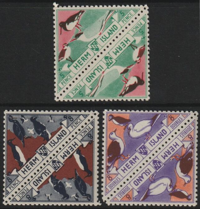Herm Island 1954 - the three BIRD triangular stamps from Flora & Fauna set, each in tete-beche pairs unmounted mint (6 stamps), stamps on birds.triangulars