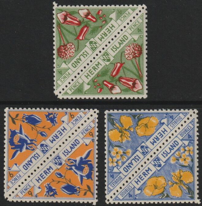 Herm Island 1954 - the three FLOWER triangular stamps from Flora & Fauna set, each in tete-beche pairs unmounted mint (6 stamps), stamps on flowers, stamps on triangulars