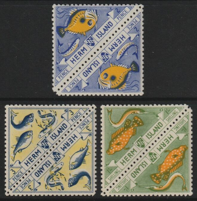 Herm Island 1954 - the three FISH triangular stamps from Flora & Fauna set, each in tete-beche pairs unmounted mint (6 stamps), stamps on fish, stamps on  marine-life, stamps on triangulars