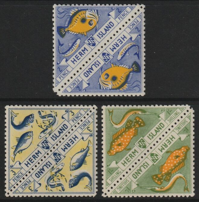 Herm Island 1954 - the three FISH triangular stamps from Flora & Fauna set, each in tete-beche pairs unmounted mint (6 stamps), stamps on , stamps on  stamps on fish, stamps on  stamps on  marine-life, stamps on  stamps on triangulars