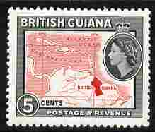 British Guiana 1963-65 Map 5c block CA wmk unmounted mint, SG 356, stamps on maps