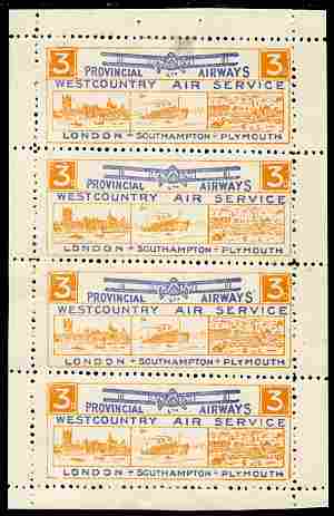 Great Britain 1930's Provincial Airways West County Air Service complete sheetlet containing 4 x 3d labels mounted mint but very scarce in complete sheet, stamps on , stamps on  stamps on aviation