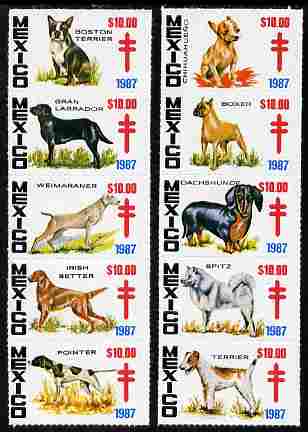 Mexico 1987 Dogs  set of 10 (2 x strips of 5) anti-TB labels unmounted mint, stamps on , stamps on  stamps on dogs, stamps on  stamps on  tb , stamps on  stamps on diseases