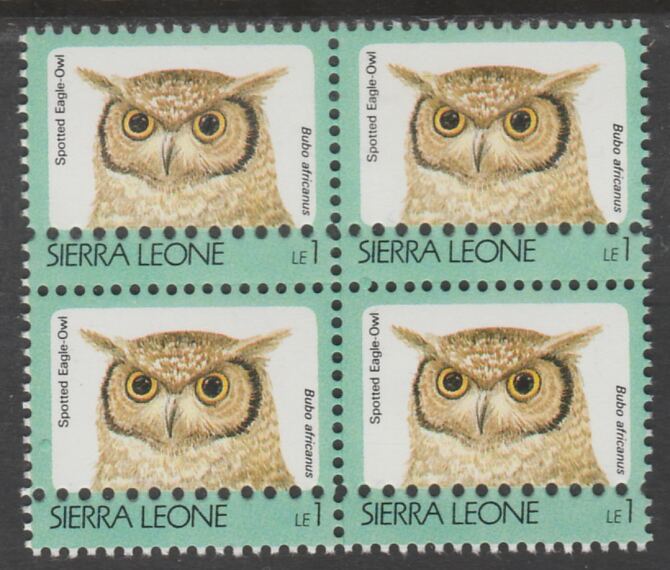 Sierra Leone 1992-99 Birds 1L Spotted Eagle Owl block of 4 with perforations doubled, unmounted mint. Note: the stamps are genuine but the additional perfs are a slightly different gauge identifying it to be a forgery., stamps on , stamps on  stamps on birds, stamps on  stamps on birds of prey, stamps on  stamps on owls