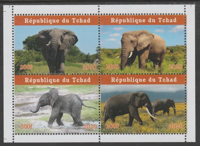 Chad 2020 Elephants perf sheetlet containing 4 values unmounted mint. Note this item is privately produced and is offered purely on its thematic appeal, it has no postal validity, stamps on , stamps on  stamps on elephants