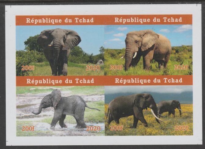 Chad 2020 Elephants imperf sheetlet containing 4 values unmounted mint. Note this item is privately produced and is offered purely on its thematic appeal, it has no posta..., stamps on elephants