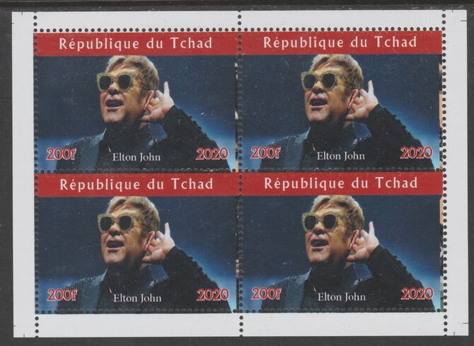 Chad 2020 Elton John perf sheetlet containing 4 values unmounted mint. Note this item is privately produced and is offered purely on its thematic appeal, it has no postal validity, stamps on music, stamps on pops, stamps on rock