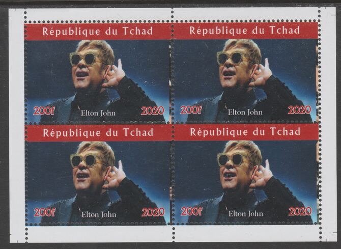 Chad 2020 Elton John perf sheetlet containing 4 values unmounted mint. Note this item is privately produced and is offered purely on its thematic appeal, it has no postal validity, stamps on , stamps on  stamps on music, stamps on  stamps on pops, stamps on  stamps on rock