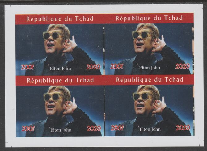Chad 2020 Elton John imperf sheetlet containing 4 values unmounted mint. Note this item is privately produced and is offered purely on its thematic appeal, it has no post..., stamps on music, stamps on pops, stamps on rock