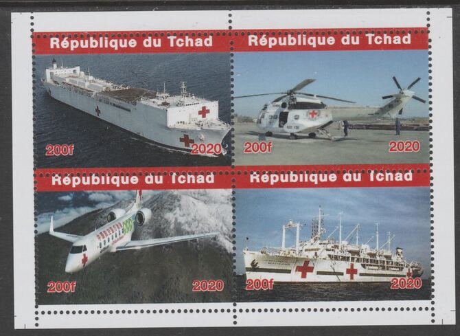 Chad 2020 Red Cross Transport perf sheetlet containing 4 values unmounted mint. Note this item is privately produced and is offered purely on its thematic appeal, it has no postal validity, stamps on , stamps on  stamps on red cross, stamps on  stamps on ships, stamps on  stamps on helicopters, stamps on  stamps on aviation