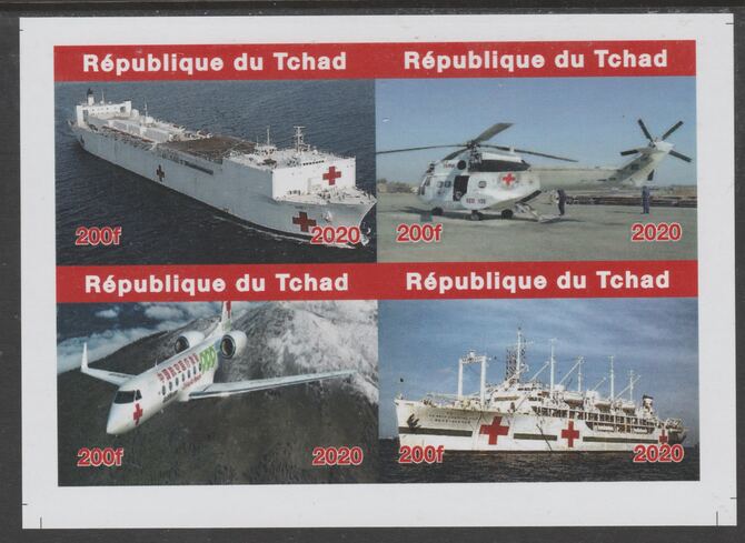 Chad 2020 Red Cross Transport imperf sheetlet containing 4 values unmounted mint. Note this item is privately produced and is offered purely on its thematic appeal, it has no postal validity, stamps on , stamps on  stamps on red cross, stamps on  stamps on ships, stamps on  stamps on helicopters, stamps on  stamps on aviation