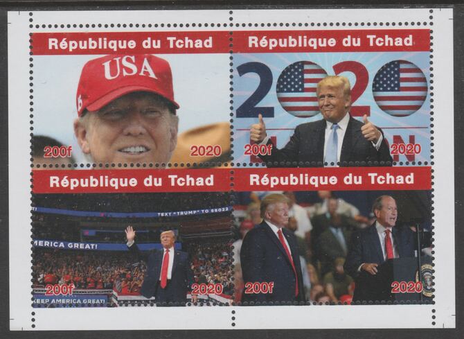 Chad 2020 Donald Trump perf sheetlet containing 4 values unmounted mint. Note this item is privately produced and is offered purely on its thematic appeal, it has no post..., stamps on trump.usa presidents