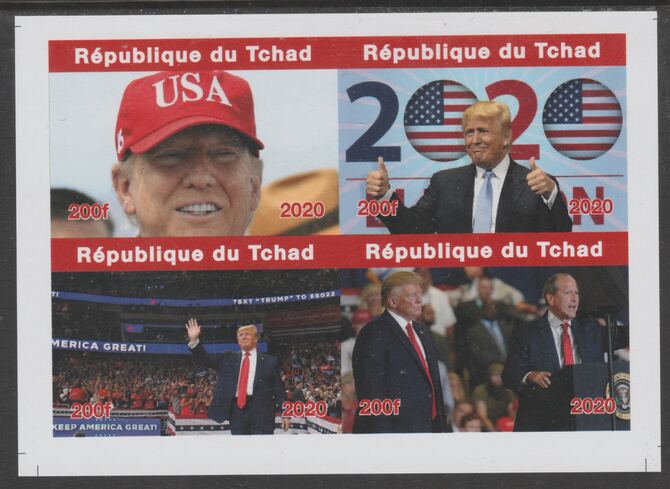 Chad 2020 Donald Trump imperf sheetlet containing 4 values unmounted mint. Note this item is privately produced and is offered purely on its thematic appeal, it has no postal validity, stamps on trump.usa presidents
