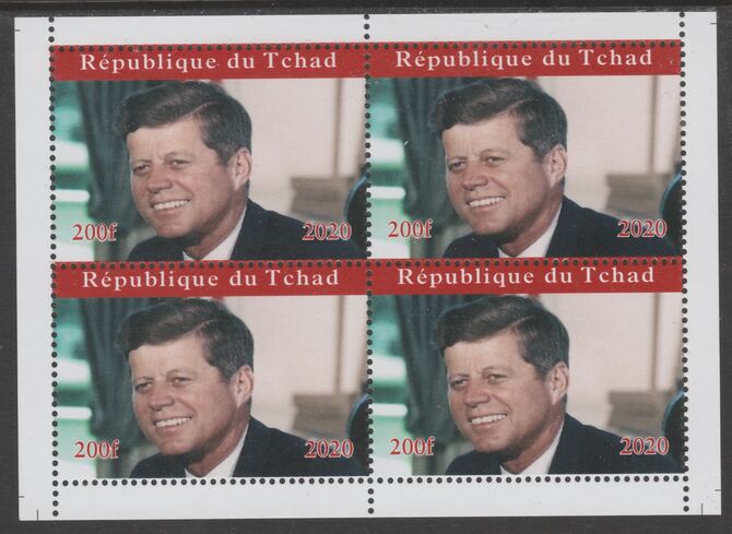 Chad 2020 John F Kennedy perf sheetlet containing 4 values unmounted mint. Note this item is privately produced and is offered purely on its thematic appeal, it has no po..., stamps on kennedy, stamps on  jfk , stamps on .usa presidents