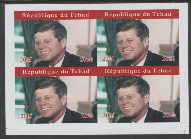 Chad 2020 John F Kennedy imperf sheetlet containing 4 values unmounted mint. Note this item is privately produced and is offered purely on its thematic appeal, it has no postal validity, stamps on kennedy, stamps on  jfk , stamps on .usa presidents