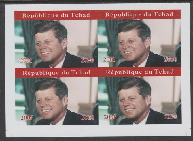 Chad 2020 John F Kennedy imperf sheetlet containing 4 values unmounted mint. Note this item is privately produced and is offered purely on its thematic appeal, it has no postal validity, stamps on , stamps on  stamps on kennedy, stamps on  stamps on  jfk , stamps on  stamps on .usa presidents