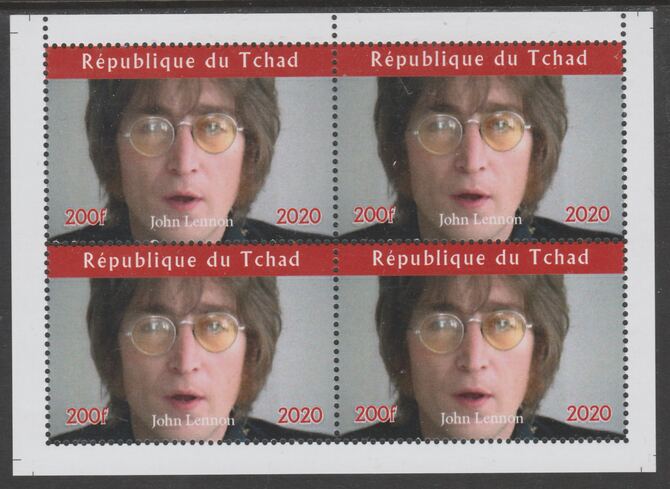 Chad 2020 John Lennon perf sheetlet containing 4 values unmounted mint. Note this item is privately produced and is offered purely on its thematic appeal, it has no postal validity, stamps on music, stamps on pops, stamps on rock, stamps on lennon