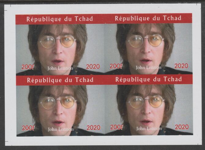 Chad 2020 John Lennon imperf sheetlet containing 4 values unmounted mint. Note this item is privately produced and is offered purely on its thematic appeal, it has no postal validity, stamps on , stamps on  stamps on music, stamps on  stamps on pops, stamps on  stamps on rock, stamps on  stamps on lennon