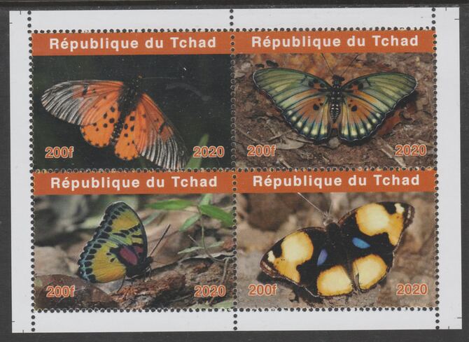 Chad 2020 Butterflies perf sheetlet containing 4 values unmounted mint. Note this item is privately produced and is offered purely on its thematic appeal, it has no postal validity, stamps on , stamps on  stamps on butterflies