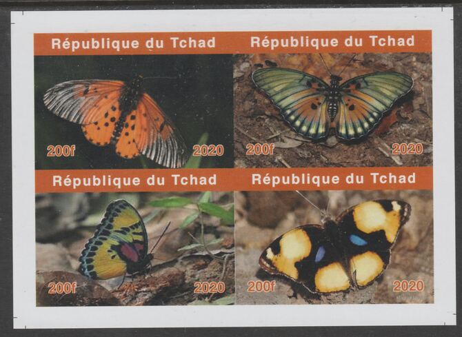 Chad 2020 Butterflies imperf sheetlet containing 4 values unmounted mint. Note this item is privately produced and is offered purely on its thematic appeal, it has no pos..., stamps on butterflies