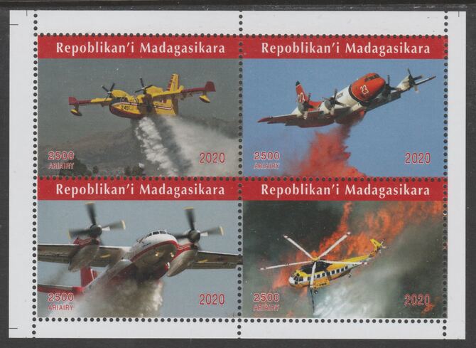 Madagascar 2020 Aviation perf sheetlet containing 4 values unmounted mint. Note this item is privately produced and is offered purely on its thematic appeal, it has no postal validity, stamps on aviation, stamps on helicopters, stamps on fire