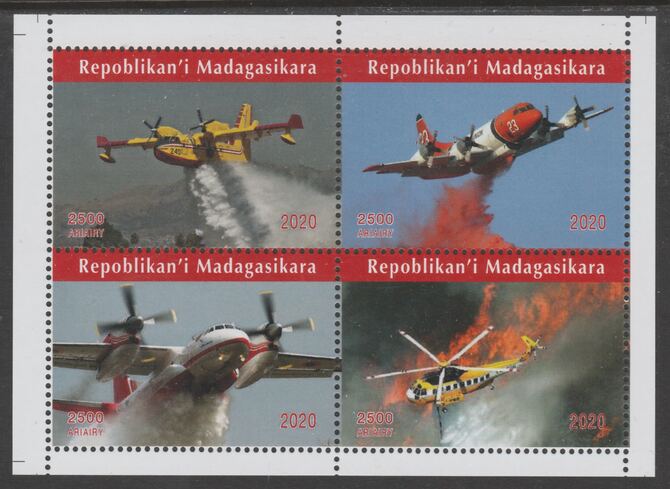 Madagascar 2020 Aviation perf sheetlet containing 4 values unmounted mint. Note this item is privately produced and is offered purely on its thematic appeal, it has no po..., stamps on aviation, stamps on helicopters, stamps on fire