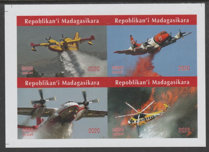 Madagascar 2020 Aviation imperf sheetlet containing 4 values unmounted mint. Note this item is privately produced and is offered purely on its thematic appeal, it has no postal validity, stamps on , stamps on  stamps on aviation, stamps on  stamps on helicopters, stamps on  stamps on fire