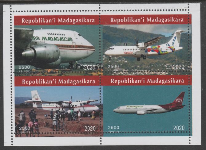 Madagascar 2020 Aircraft perf sheetlet containing 4 values unmounted mint. Note this item is privately produced and is offered purely on its thematic appeal, it has no po..., stamps on aviation, stamps on 