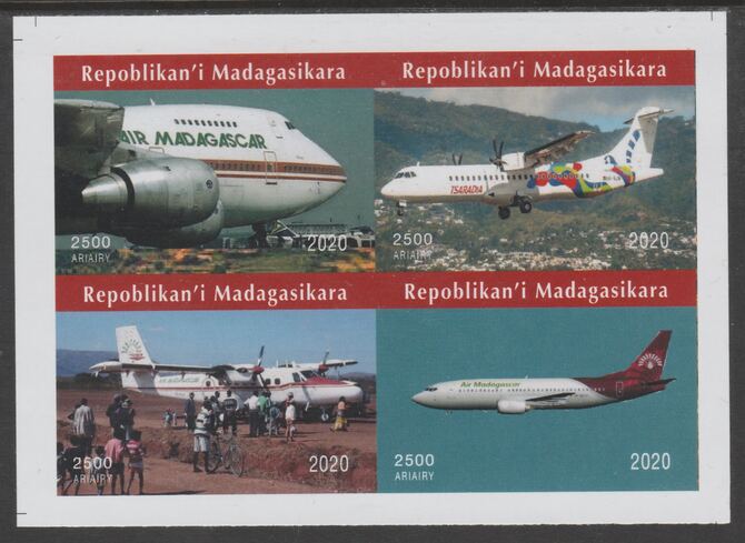 Madagascar 2020 Aircraft imperf sheetlet containing 4 values unmounted mint. Note this item is privately produced and is offered purely on its thematic appeal, it has no postal validity, stamps on , stamps on  stamps on aviation, stamps on  stamps on 