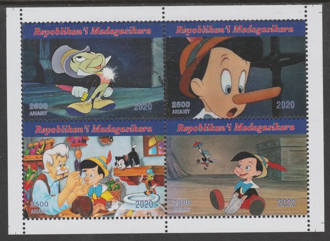 Madagascar 2020 Pinocchio perf sheetlet containing 4 values unmounted mint. Note this item is privately produced and is offered purely on its thematic appeal, it has no p..., stamps on pinocchio, stamps on films, stamps on movies, stamps on cartoons