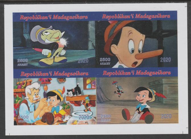 Madagascar 2020 Pinocchio imperf sheetlet containing 4 values unmounted mint. Note this item is privately produced and is offered purely on its thematic appeal, it has no..., stamps on pinocchio, stamps on films, stamps on movies, stamps on cartoons