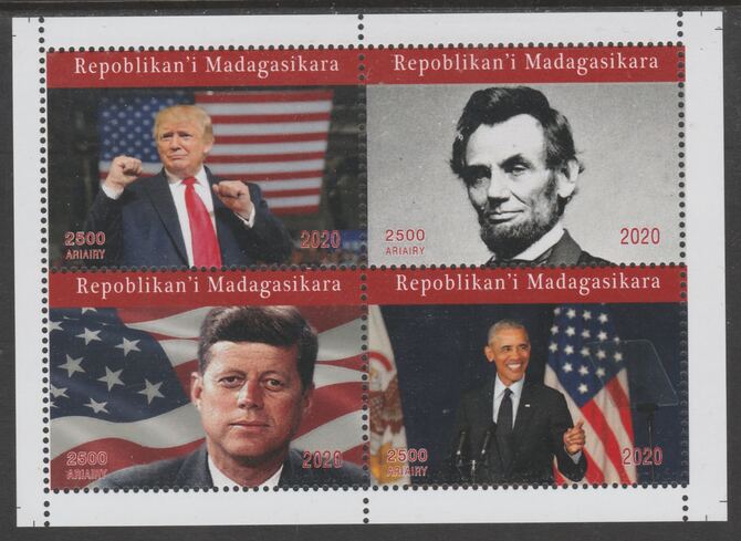 Madagascar 2020 US Presidents perf sheetlet containing 4 values unmounted mint. Note this item is privately produced and is offered purely on its thematic appeal, it has no postal validity, stamps on , stamps on  stamps on us presidents, stamps on  stamps on trump, stamps on  stamps on lincoln, stamps on  stamps on kennedy, stamps on  stamps on obama