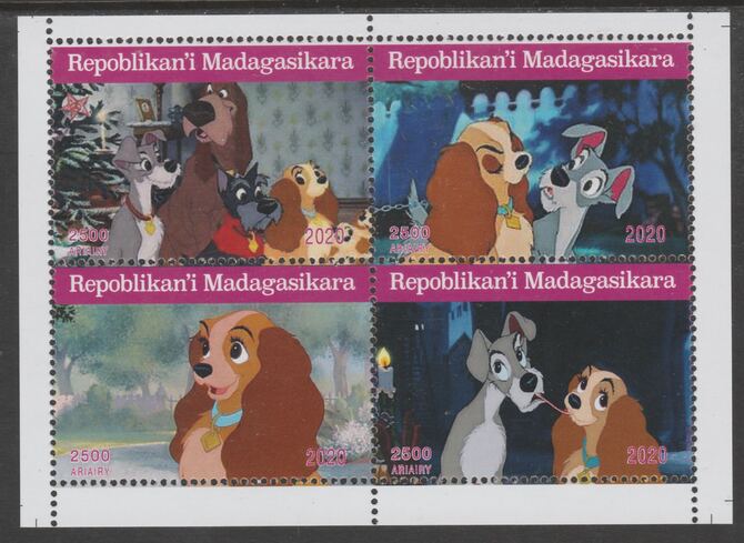 Madagascar 2020 The Lady & The Tramp perf sheetlet containing 4 values unmounted mint. Note this item is privately produced and is offered purely on its thematic appeal, it has no postal validity, stamps on , stamps on  stamps on disney, stamps on  stamps on cartoons, stamps on  stamps on dogs