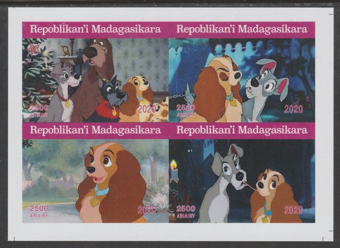 Madagascar 2020 The Lady & The Tramp imperf sheetlet containing 4 values unmounted mint. Note this item is privately produced and is offered purely on its thematic appeal, it has no postal validity, stamps on disney, stamps on cartoons, stamps on dogs