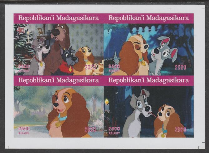 Madagascar 2020 The Lady & The Tramp imperf sheetlet containing 4 values unmounted mint. Note this item is privately produced and is offered purely on its thematic appeal, it has no postal validity, stamps on , stamps on  stamps on disney, stamps on  stamps on cartoons, stamps on  stamps on dogs