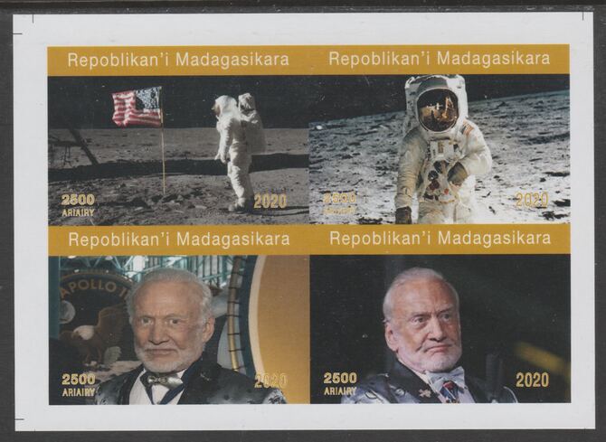 Madagascar 2020 Apollo 11 - 50th Anniversary imperf sheetlet containing 4 values unmounted mint. Note this item is privately produced and is offered purely on its thematic appeal, it has no postal validity, stamps on space, stamps on apollo, stamps on moon