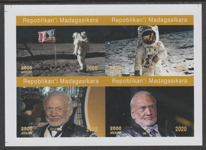 Madagascar 2020 Apollo 11 - 50th Anniversary imperf sheetlet containing 4 values unmounted mint. Note this item is privately produced and is offered purely on its thematic appeal, it has no postal validity, stamps on , stamps on  stamps on space, stamps on  stamps on apollo, stamps on  stamps on moon