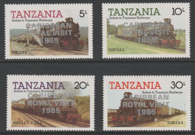 Tanzania 1985 Locomotives perf set of 4 with Caribbean Royal Visit 1985 opt in silver (unissued) unmounted mint, stamps on railways, stamps on royalty, stamps on royal visit