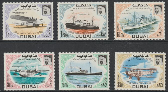 Dubai 1969 60th Anniv of Postal Service perf set of 6 unmounted mint SG 318-23, stamps on aviation, stamps on ships, stamps on flying boatsd