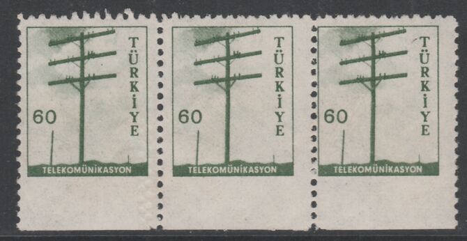 Turkey 1959 Telegraph Pole 60k marginal strip of 3 imperf between stamps and margin,,one stamp mounted,, stamps on , stamps on  stamps on telegraphs, stamps on  stamps on communications