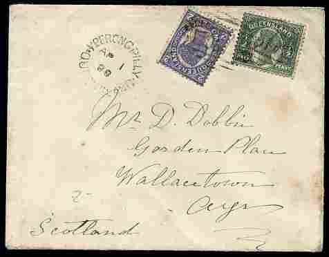 Queensland 1899 cover to Scotland bearing 1/2d & 2d adhesives with Veerongpilly date stamp, reverse shows Brisbane, Glasgow & Ayr date stamps, stamps on 