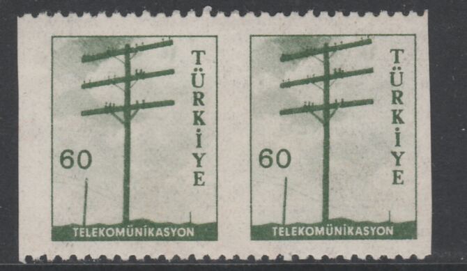 Turkey 1959 Telegraph Pole 60k horiz pair with vertical perfs omitted, mounted minor wrinkles, stamps on , stamps on  stamps on telegraphs, stamps on  stamps on communications