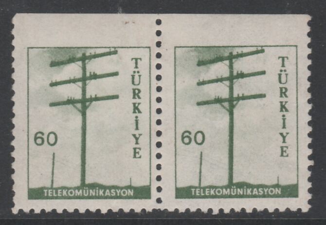 Turkey 1959 Telegraph Pole 60k marginal pair imperf between stamps and margin,  one stamp mounted  , stamps on , stamps on  stamps on telegraphs, stamps on  stamps on communications