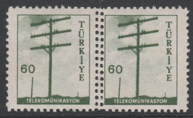 Turkey 1959 Telegraph Pole 60k horizontal pair with double perfs between stamps fine mint, stamps on , stamps on  stamps on telegraphs, stamps on  stamps on communications