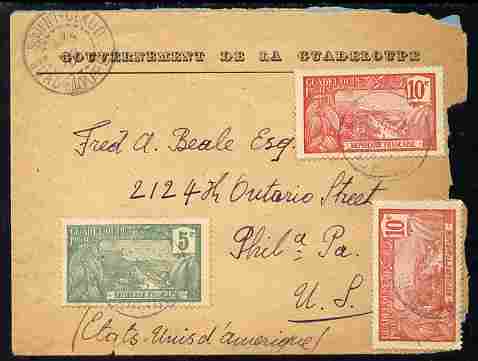 Guadeloupe 1910 part Government cover to USA bearing 2 x 10c & 5c stamps well tied, Guadeloupe date stamps front and back, stamps on 