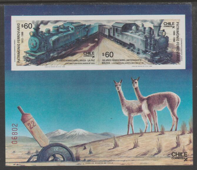 Chile 1988 Railway Anniversaries impdrf m/sheet containing 2 values unmounted mint, SG MS1163, stamps on railways