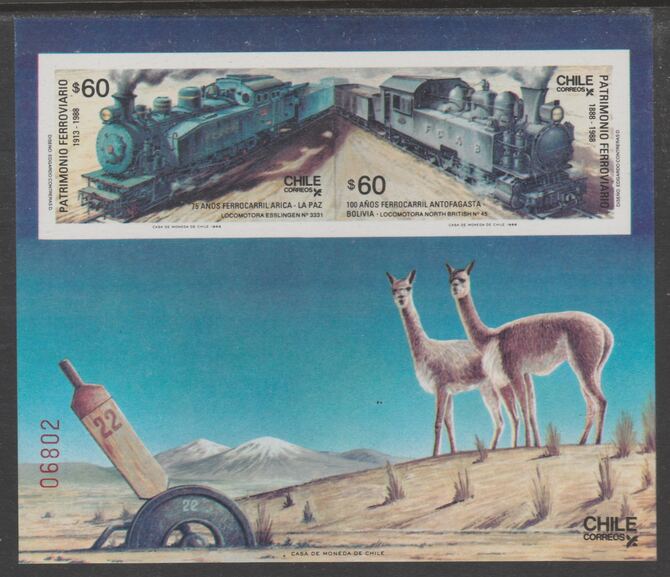 Chile 1988 Railway Anniversaries impdrf m/sheet containing 2 values unmounted mint, SG MS1163, stamps on , stamps on  stamps on railways