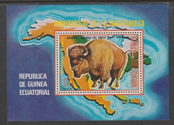 Equatorial Guinea 1977 North American Animals (Buffalo) perf m/sheet unmounted mint, MI BL 271, stamps on , stamps on  stamps on animals, stamps on  stamps on buffalo, stamps on  stamps on bison, stamps on  stamps on bovine, stamps on  stamps on maps, stamps on  stamps on americana