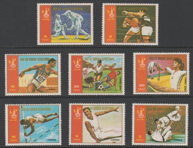 Equatorial Guinea 1978 Moscow Olympics 1st series perf set of 8 unmounted mint Mi 1288-95, stamps on olympics, stamps on  sport, stamps on  gyn , stamps on gymnasioum, stamps on football, stamps on pole vault, stamps on judo, stamps on discus, stamps on fencing, stamps on boxing