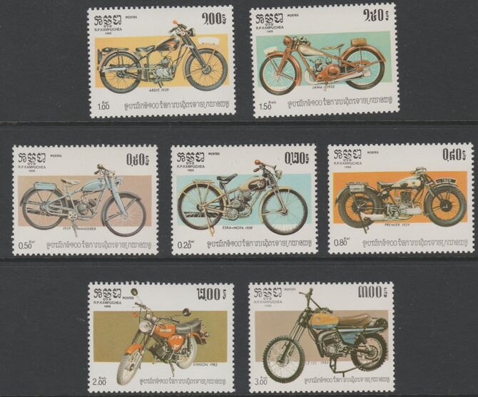 Kampuchea 1985 Centenary of Motor Cycle perf set of 7 values complete unmounted mint, SG 598-604, stamps on motorbikes